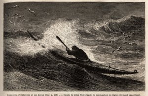 Ein grönländisches Kajak, das die Wellenbarriere passiert. Gravur zur Illustration der Reise zum freien Meer des arktischen Pols, von Doktor Hayes, Chirurg der US-Marine, 1860-1862, veröffentlicht in „Le tour du monde, nouveau journal des voyages“, herausg von Unknown artist