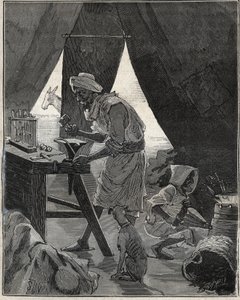 Ein Kabyle-Juwelier in Algerien im 19. Jahrhundert. Gravur von 1885 in „Les arts et métiers illustrés“ von Adolphe Bitard.
