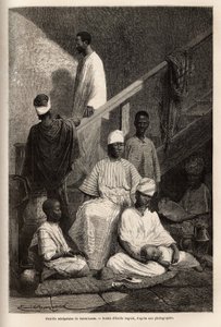 Eine senegalesische Familie aus Saint Louis. Gravur zur Illustration einer Kreuzfahrt an der Küste Afrikas, von Vizeadmiral Fleuriot de Langle, 1868, veröffentlicht in „Le tour du monde“ 1872, herausgegeben von Edouard Charton, Hachette, Paris. Selva-Samml von Unknown artist