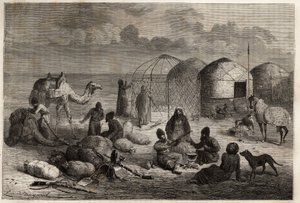 Ein Turkmenenlager im Grenzgebiet von Turkestan und Persien, jedes Zelt, bestehend aus einem Holzgerüst und mit Filz bedeckt, beherbergt eine Familie. Gravur zur Illustration der Geschichte von Henri de Blocqueville „14 mois de captivité chez les turcomans