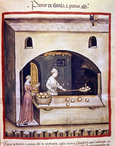 Ein Bäcker bereitet Weißbrot und Grießbrot zu. Illumination aus der Milking of Medicine and Dietetics „Tacuinum sanitatis“