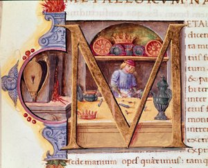 Ein Schmied bei der Arbeit in seiner Werkstatt. Manuskript „Naturgeschichte“ von Plinius dem Älteren