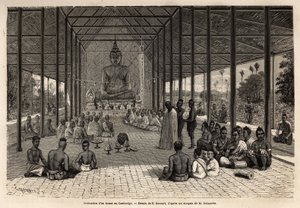 Eine Bonzen-Ordinationszeremonie in einem Tempel in der Nähe von Angkor, Kambodscha. Gravur zur Illustration der Entdeckungsreise in Indochina, von Francis Garnier, Leutnant de Vaissseau, 1866-1868, veröffentlicht in „Le tour du monde“ 1870-1871, herausgeg