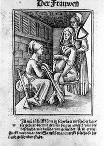 Eine Geburt. Xylographie von Konrad Merkel nach „Der schwangeren Frauen und Hebammen Rosengarten“, Hagenau