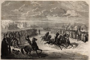 Ein Wettkampf im Ringen mit bloßen Händen und ein Pferderennen unter den Turkmenen, organisiert während der großen öffentlichen Feierlichkeiten, die Renndistanz beträgt einen Kilometer, zwischen drei oder vier Konkurrenten, der Gewinner erhält ein Stück Ba