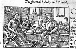 Ein Paar spielt Würfel. Gravur nach „Historia de gentis septemtrionalis“ von Olaus Magnus, Rom 1560 von Unknown artist