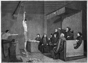 Ein Gericht im 15. Jahrhundert - Verhör. Die Frage wird mit Gewichten an den Füßen aufgehängt. Gravur nach dem Gemälde von Adolphe Steinheil, präsentiert im Salon von 1875. von Unknown artist
