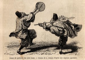 Ein Tanz der Konferei des Kami-Kults, mit Rezitation von Litaneien und unerwarteten choreografischen Figuren. Gravur zur Illustration der Reise nach Japan, von Aimé Humbert, Minister der Schweizerischen Eidgenossenschaft, 1863-1864, veröffentlicht in „Le t
