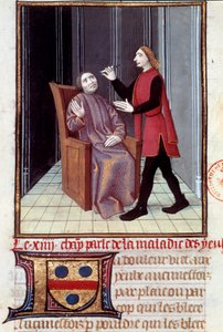 Ein Arzt operiert das Auge seines Patienten. Miniatur aus „Histoire de la medecine“ 16. Jahrhundert