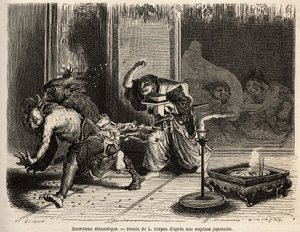 Ein häuslicher Exorzismus, Zeremonie des Oni Arahi, der Hausherr in seinen besten Kleidern, Schwert am Gürtel, geht um Mitternacht durch die Räume seines Hauses und wirft geröstete Bohnen, um Dämonen zu vertreiben und den Gott des Reichtums und seinen Begl