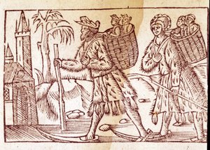 Eine norwegische Familie auf Skiern unterwegs. Gravur von Olaus Magnus (1490 - 1557), schwedischer Geistlicher und Geograph, „Historia de Gentis Septentrionalibus“, Venedig