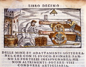 Ein Kanonier lädt eine Kanone mit Sprengstoff. Gravur aus der Metallurgie „De la Pyrotechnia“ (oder Pirotechnia) von Vannoccio Biringuccio (1480-1539) 1550