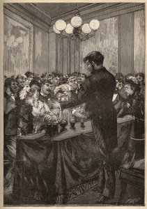 Ein Zauberer benutzt eine Muskatnussdose, um eine Kugel erscheinen und verschwinden zu lassen. Gravur von 1885 in „Les arts et metiers illustres“ von Adolphe BITARD von Unknown artist