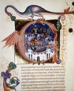 Eine Miniatur „A“ Buchstabe, der die Stadt des Teufels darstellt. 14. Jahrhundert Manuskript „De Civitate Dei“ von Augustinus. Biblioteca Comunale di Rimini