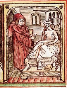 Ein Arzt gibt seinem Patienten eine Behandlung mit Heilpflanzen. Gravur aus „Tractatus de pestilentia“ 15. Jahrhundert - Prag, Nationalbibliothek