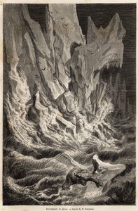 Ein Eisbär treibt auf einem Eisberg, nach dem Zusammenbruch eines Eisblocks von Spitzbergen, einem Archipel des Arktischen Ozeans, Zeichnung von V. Foulquier, zur Illustration von Spitzbergen in den Jahren 1838-1839, von Charles Martins. Gravur in „Le tour von Unknown artist