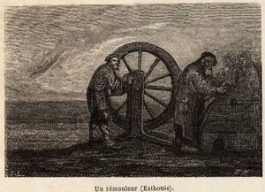Ein Umzugshelfer in Estland. Zeichnung von Henriet, zur Illustration seiner Reise in die russischen Ostseeprovinzen in den Jahren 1851-54. Gravur in „Le tour du monde“, herausgegeben von Edouard Charton