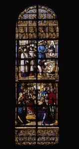 Eine Abgabe auf den Weinverkauf, war und am Tresen (oben). Zum Goldpreis, Fredegonde bewaffnet mit einem vergifteten Dolch zwei Schekels von Therouanne (unten). Buntglasfenster in der Kathedrale von Tournai: rechtes Querschiff (4).