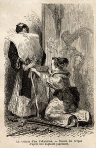 Die Toilette eines Samurai, eine junge Magd hilft ihr, ihren Kimono zu binden. Gravur zur Illustration der Reise nach Japan, in den Jahren 1863-1864, von Aime Humbert, Minister der Schweizerischen Eidgenossenschaft, in „Le tour du monde, nouveau journal de von Unknown artist
