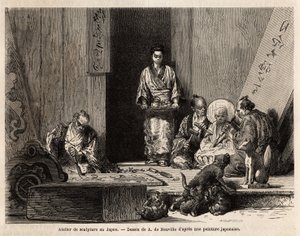 Eine Bildhauerwerkstatt in Yedo (oder Edo, dem heutigen Tokio), bearbeitet Granit für die Herstellung von Säulen, Statuetten, Kandelabern und Grabsteinen sowie Holzschnitzereien für die Herstellung von Altartafeln, dekorativen Holzarbeiten, Särgen und chim von Unknown artist