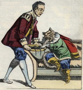 Ein Diener serviert dem gestiefelten Kater ein Tablett mit einer Maus. Illustration des Märchens „Der gestiefelte Kater“ von Charles Perrault von Unknown artist