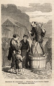 Ein Muschelhändler balanciert auf einem Fass mit seinen Waren, die er mit zwei langen Stäbchen zieht. Gravur zur Illustration der Reise nach Japan, 1863-1864, von Aime Humbert, Minister der Schweizerischen Eidgenossenschaft, in "Le tour du monde, nouveau j von Unknown artist