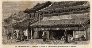 Eine Straße von Benten Tori, mit Animation von Passanten und Trägern, ein altes Fischerdorf, in dem die Meeresgöttin Benten geehrt wurde, aber dieses Dorf wurde durch die städtische Entwicklung von Yokohama annektiert; ein Tori ist keine heilige Tür, die a von Unknown artist