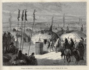 Ein Dorf der Mandan-Indianer am linken Ufer des Missouri, 600 Meilen von der Stadt Saint Louis entfernt. Gravur zur Illustration eines Ausflugs unter die Indianerstämme der Becken von Kolumbien und Ober-Missouri, von G. Catlin, 1841