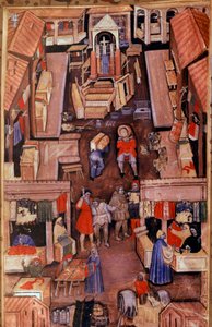 Ein Spaziergang: Tuchhändler, Schneider, Bekleidungshändler in einer französischen Stadt. Oben, Bau einer Miniaturkirche aus einem Manuskript des 15. Jahrhunderts
