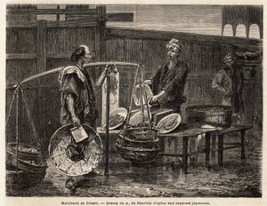 Ein wandernder Bratwarenhändler, trägt seine Donuts in Körben und reist zum Markt, um sie den anderen Händlern zum Mittagessen zu verkaufen. Gravur zur Illustration der Reise nach Japan, 1863-1864, von Aimé Humbert, Minister der Schweizerischen Eidgenossen von Unknown artist