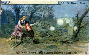 Ein Irrlicht, ein diffuses Licht, das nachts in der Nähe von Sümpfen und Friedhöfen zu sehen ist, soll ein cleverer Geist aus der Volkstradition sein. Chromolithographie des 19. Jahrhunderts.