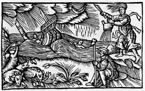 Eine Hexe verursacht einen Sturm nach „Historia de gentis nortentrionalibus“ von Olaus Magnus, Rom 1555