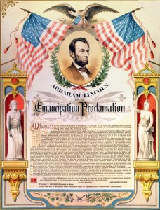Abraham Lincoln und seine Proklamation der Emanzipation der Sklaven (Flaggen und Adler). 22.09.1862 von Unknown artist