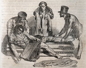 Unfallmedizin - über die wirksamste Hilfe für Ertrinkende - um sich so schnell wie möglich auszuziehen, muss man die nassen Effekte zerreißen - Gravur in „La Sante Universelle - Guide Medical des Familles“ 1852 von Unknown artist