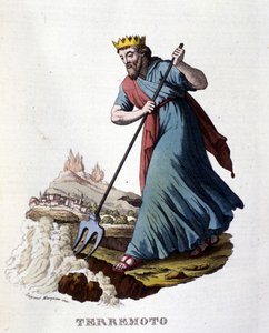 Laut griechischer Mythologie werden Erdbeben von Neptun verursacht, der die Erde mit seinem Dreizack erschüttert. Gravur aus dem 19. Jahrhundert