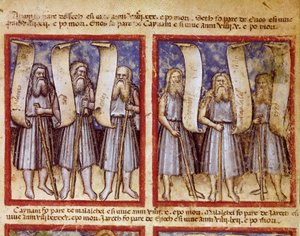 Adams Genealogie wird von Seth, Enoch (Henoch oder Enosh) Kenan, Mahalalel (Mahalaleel) und Jared (oder Yared), den großen Patriarchen der Miniaturbibel, gefolgt. Entnommen aus Codex 212 (oder Padovano oder Bibel von Padua) 1390-1400 Rovigo, Accademia dei  von Unknown artist