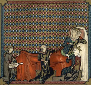 Adenet le Roi, Dichter und Minnesänger, rezitiert den Roman von Cleomades vor Mathilde de Brabant und der Prinzessin Blanche von Kastilien. Faksimile in Chromolithographie des 19. Jahrhunderts nach einer Miniatur