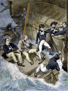 Admiral Nelson während der Schlacht von Santa Cruz de Tenerife (Teneriffa), Kanarische Inseln: „Jetzt bin ich dran; wenn ich es nicht glaube, wird es deins sein...“ Gravur nach Wests Gemälde.