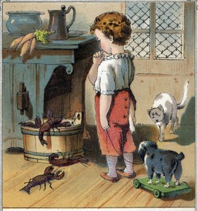 Adolphe, neugierig, nutzt die Gelegenheit, allein in der Küche zu sein, um sich dem Eimer mit Flusskrebsen zu nähern. Einer von ihnen packt seinen Finger mit seinen Zangen und verletzt ihn. Chromolithographie aus „Szenen aus der Kindheit“, ed. Guerin - Mul
