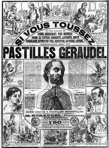 Werbung für Géraudel-Tabletten von Apotheker Arthur Géraudel (1841-1906) in Sainte-Menehould gegen Husten. Gravur in „Le Monde illustré“