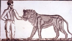 Werbung für den Zirkus im Jahr 1800, die einen Dompteur zeigt, der seine Hand in den Mund eines Löwen steckt.