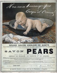 Werbung von 1889 für die englische Seife „Pears“ große englische Gesundheitsseife. Ein Baby in seinem Bad macht ein Gesicht (weint) und versucht, die Seife zu fangen.