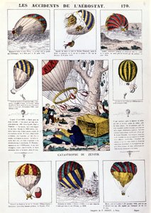 Aerostat-Unfälle. Illustrierte Tafel aus dem 19. Jahrhundert.
