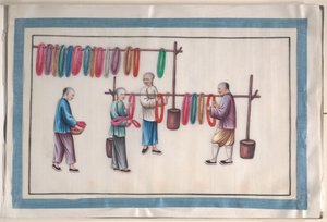 Album mit zwölf Gemälden von Menschen, die Seide herstellen