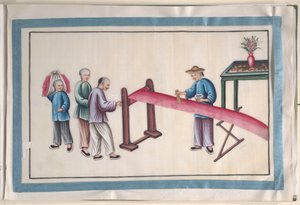 Album mit zwölf Gemälden von Menschen bei der Seidenherstellung