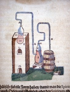 Alchemie: Apparatur zur Destillation, aus einem Buch von Pietro Andrea Mattioli (Matthiole) (1500-1577). Frankfurt