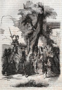 Alcina und ihr Hof kommen, um Ruggiero zu begrüßen - Gravur von 1851 aus dem Gedicht Orlando furioso (1516) von Ludovico Ariosto - Ausgabe, übersetzt aus dem Italienischen von Graf von Tressan und veröffentlicht von Gustave Harvard 1851 von Unknown artist