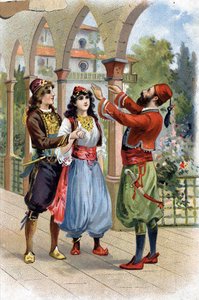 Ali Baba. (Ali-Baba) (Geschichten aus Tausendundeiner Nacht): Um Morgiane zu belohnen, gibt Ali Baba sie seinem Sohn zur Ehe. Chromolithographie des 19. Jahrhunderts von Unknown artist
