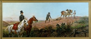 Allegorie, die Napoleon beim Pflügen unter der Aufsicht seines schwarzen Dieners auf St. Helena darstellt, Öl auf Leinwand von Olivier Pichat (1825 - 1912)