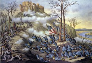 Amerikanischer Sezessionskrieg oder Bürgerkrieg (1861 - 1865): 23/11/1863, Schlacht am Lookout Mountain in Tennessee, ein Angriff, der heute als Schlacht über den Wolken bekannt ist, wegen des Nebels, der es den Bundestruppen ermöglichte, schneller vorzurü